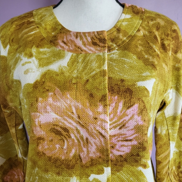 NWOT Talbots Mustard & Pink Rose Woven Cotton Canvas 2 Piece Blazer Skirt Suit - Picture 3 of 16